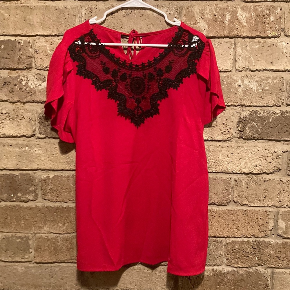 Lacy red top, breathable fabric, dressy